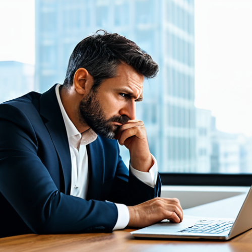Home 26 A professional man, in his late 30s, exhibiting a subtle expression of disappointment and thoughtful frustration. He is fully clothed in a modest, dark business suit with a crisp white shirt, appropriate attire. He is seated at a polished wooden desk in a clean, modern home office setting. On the desk, a laptop screen displays a blurred image of a product that clearly looks different from the one he holds, creating a sense of unmet expectations. Soft, natural light streams in from a large window in the background, showing a quiet cityscape. He is leaning slightly forward, resting his well-formed hands on the desk, not directly on the laptop. His natural pose conveys contemplation rather than anger. Professional photography, high-resolution, sharp focus, cinematic lighting. safe for work, appropriate content, fully clothed, professional, perfect anatomy, correct proportions, natural body proportions, well-formed hands, proper finger count.