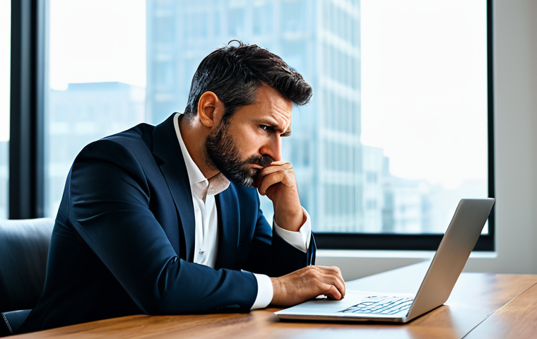 A professional man, in his late 30s, exhibiting a subtle expression of disappointment and thoughtful frustration. He is fully clothed in a modest, dark business suit with a crisp white shirt, appropriate attire. He is seated at a polished wooden desk in a clean, modern home office setting. On the desk, a laptop screen displays a blurred image of a product that clearly looks different from the one he holds, creating a sense of unmet expectations. Soft, natural light streams in from a large window in the background, showing a quiet cityscape. He is leaning slightly forward, resting his well-formed hands on the desk, not directly on the laptop. His natural pose conveys contemplation rather than anger. Professional photography, high-resolution, sharp focus, cinematic lighting. safe for work, appropriate content, fully clothed, professional, perfect anatomy, correct proportions, natural body proportions, well-formed hands, proper finger count.