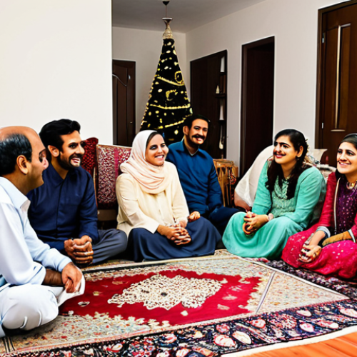 Home 24 A Pakistani Family Gathering**
"A heartwarming scene of a Pakistani family gathered in a brightly decorated living room, celebrating Eid. Grandparents, parents, and children are all present, dressed in beautiful, traditional shalwar kameez. The room is filled with colorful cushions, intricate rugs, and festive decorations. A table is laden with traditional sweets and savory dishes. Everyone is smiling and laughing, enjoying each other's company. Fully clothed, appropriate attire, safe for work, perfect anatomy, natural proportions, professional photography, high quality, modest, family-friendly."
**