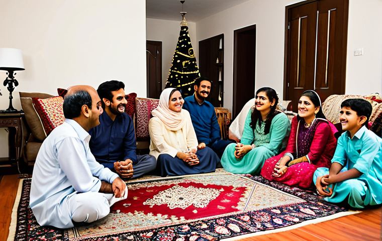 A Pakistani Family Gathering**

"A heartwarming scene of a Pakistani family gathered in a brightly decorated living room, celebrating Eid. Grandparents, parents, and children are all present, dressed in beautiful, traditional shalwar kameez. The room is filled with colorful cushions, intricate rugs, and festive decorations. A table is laden with traditional sweets and savory dishes. Everyone is smiling and laughing, enjoying each other's company. Fully clothed, appropriate attire, safe for work, perfect anatomy, natural proportions, professional photography, high quality, modest, family-friendly."

**