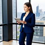 **

"A professional businesswoman in a modest navy blue pantsuit, standing in a modern office lobby with large windows overlooking a bustling city, holding a tablet, fully clothed, appropriate attire, safe for work, perfect anatomy, natural pose, professional photography, high quality."

**