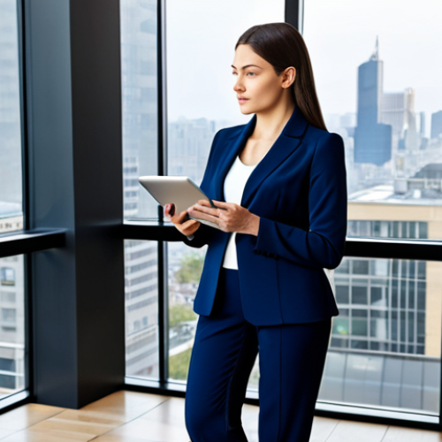 Home 23 **
"A professional businesswoman in a modest navy blue pantsuit, standing in a modern office lobby with large windows overlooking a bustling city, holding a tablet, fully clothed, appropriate attire, safe for work, perfect anatomy, natural pose, professional photography, high quality."
**