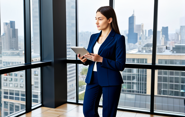 **

"A professional businesswoman in a modest navy blue pantsuit, standing in a modern office lobby with large windows overlooking a bustling city, holding a tablet, fully clothed, appropriate attire, safe for work, perfect anatomy, natural pose, professional photography, high quality."

**