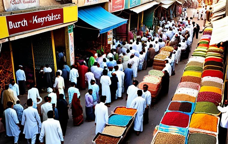**A bustling Karachi marketplace:** "Vibrant scene of a crowded bazaar in Karachi, Pakistan. Vendors selling colorful fabrics, spices, and traditional handicrafts. People in modest shalwar kameez are bargaining and interacting. Golden sunlight, detailed textures, safe for work, appropriate content, fully clothed, family-friendly, professional photography, perfect anatomy."